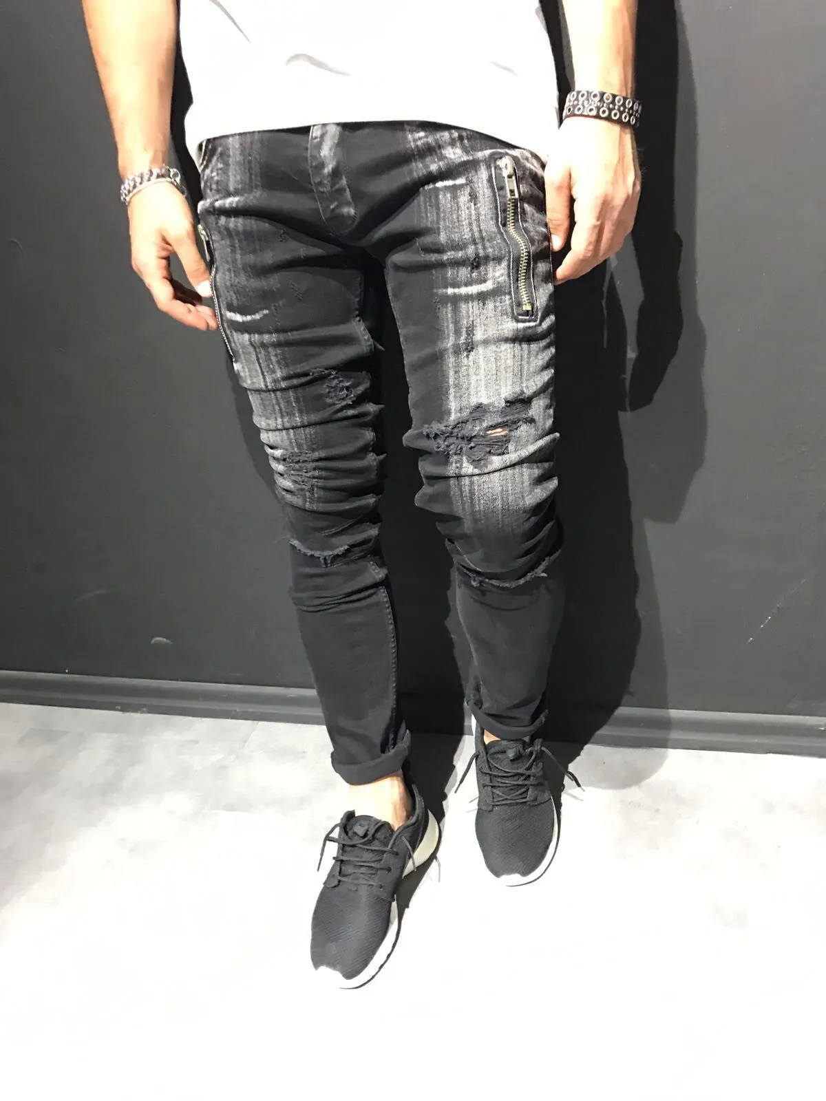 2Y Men Slim Fit Scratched Ripped Destroyed Zippers Jeans - Black