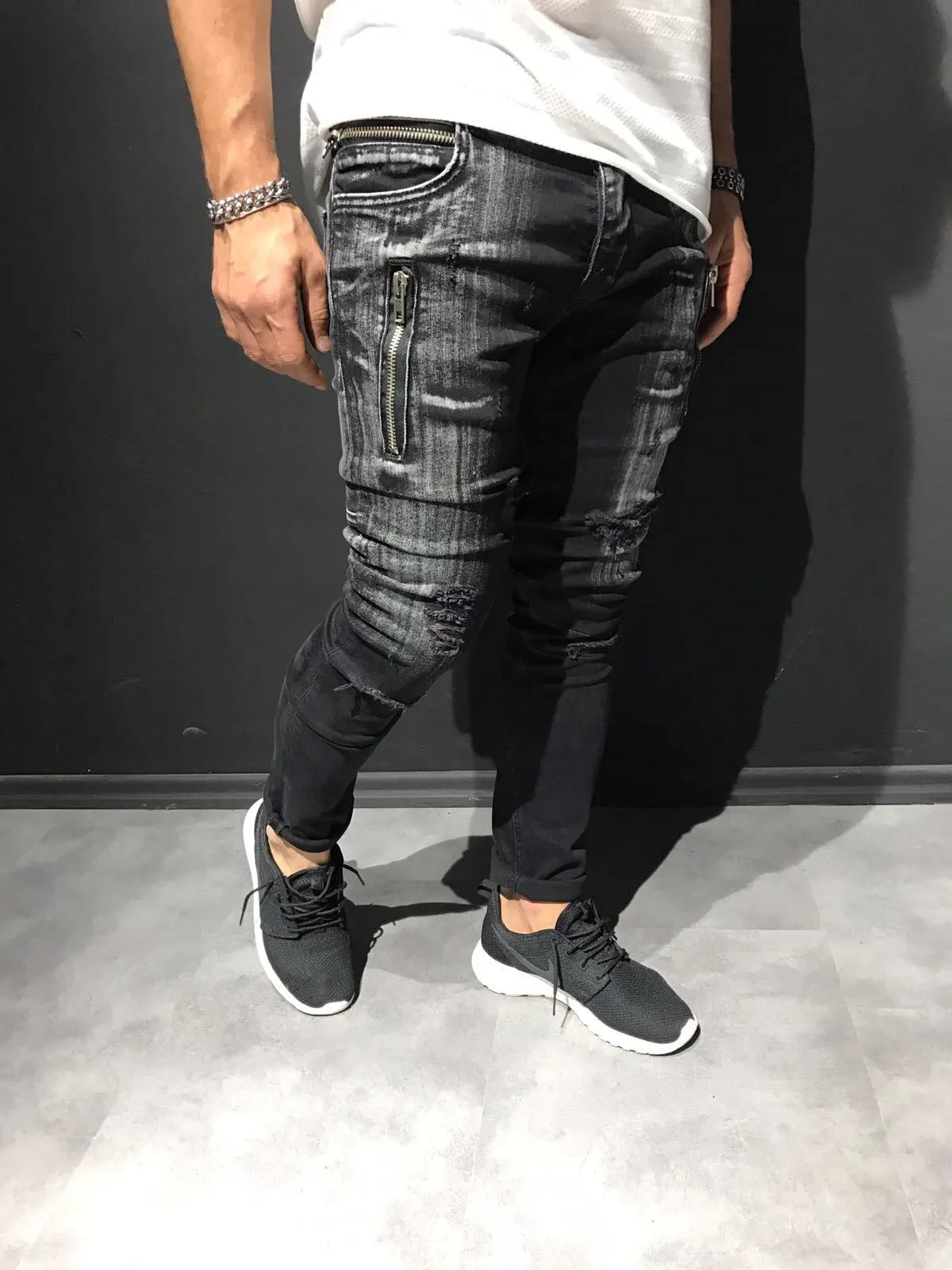 2Y Men Slim Fit Scratched Ripped Destroyed Zippers Jeans - Black