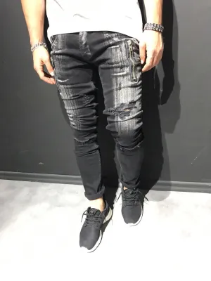 2Y Men Slim Fit Scratched Ripped Destroyed Zippers Jeans - Black