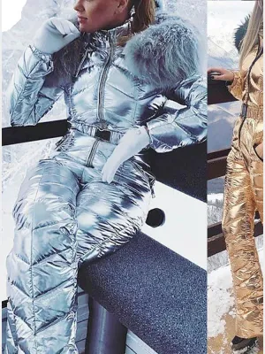 ASHORESHOP Shiny Silver Gold One-Piece Ski Suit