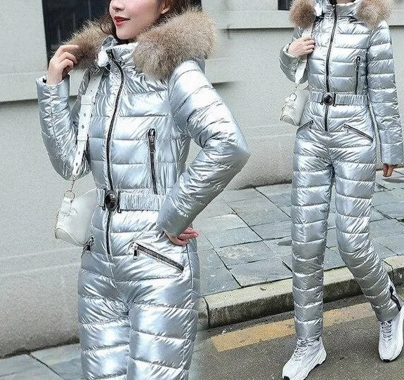 ASHORESHOP Shiny Silver Gold One-Piece Ski Suit