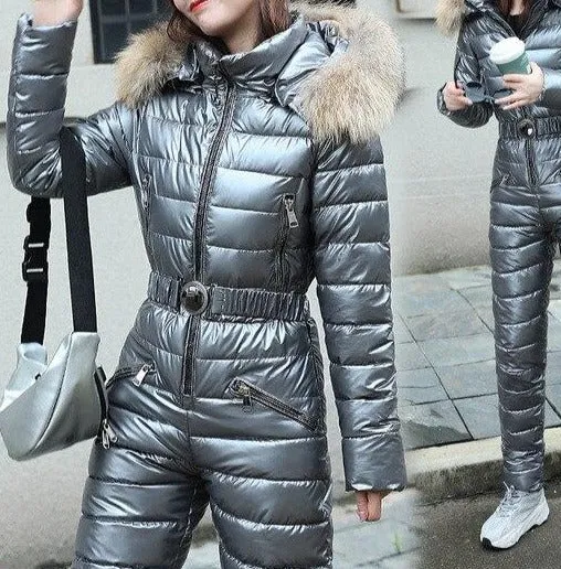 ASHORESHOP Shiny Silver Gold One-Piece Ski Suit