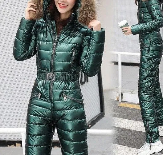 ASHORESHOP Shiny Silver Gold One-Piece Ski Suit