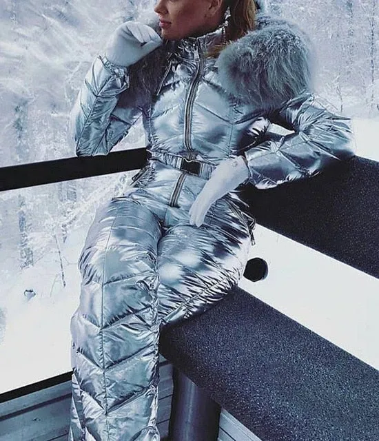 ASHORESHOP Shiny Silver Gold One-Piece Ski Suit