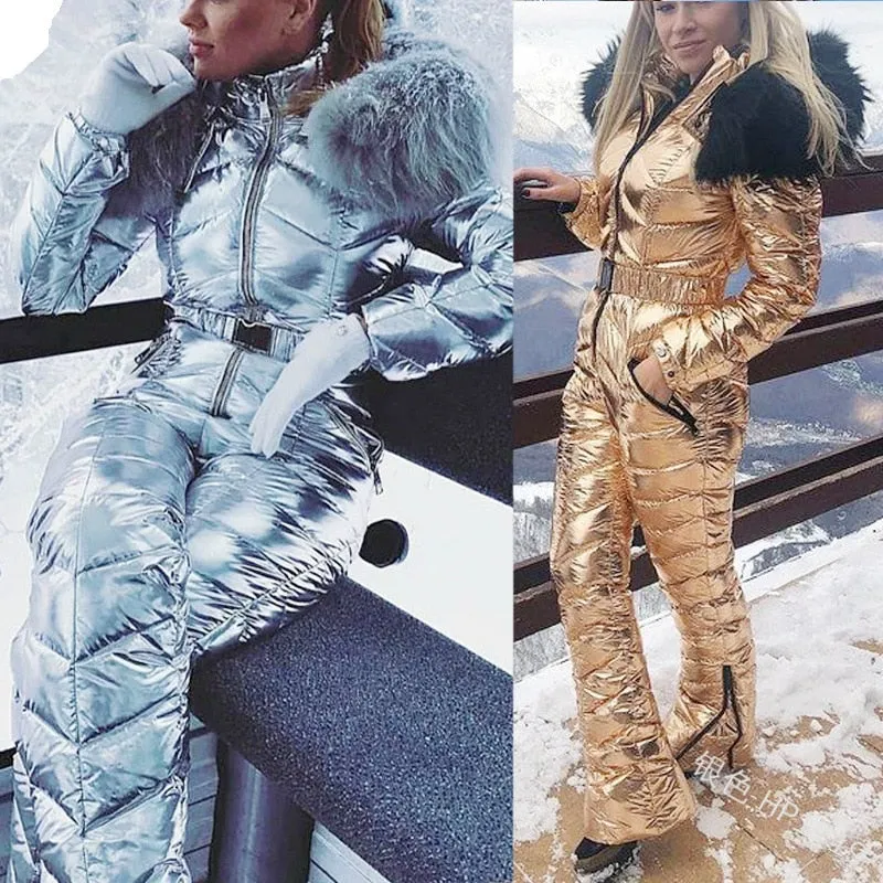 ASHORESHOP Shiny Silver Gold One-Piece Ski Suit
