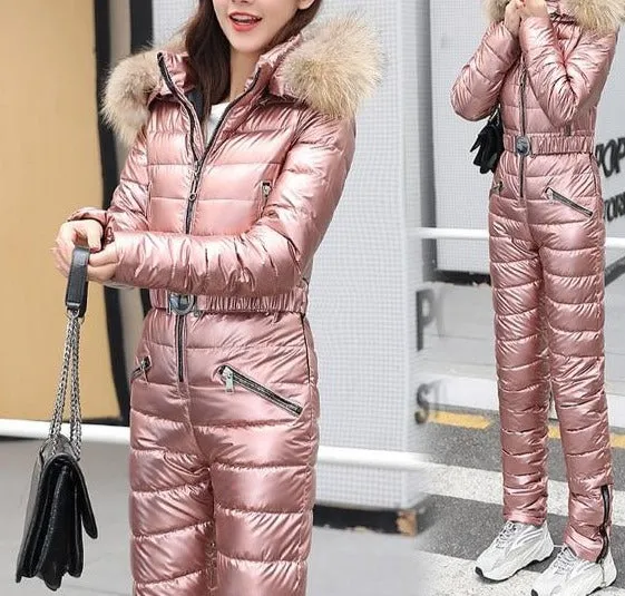 ASHORESHOP Shiny Silver Gold One-Piece Ski Suit