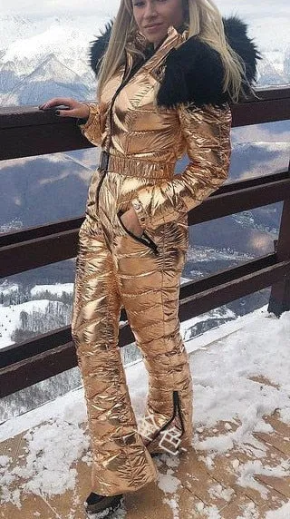 ASHORESHOP Shiny Silver Gold One-Piece Ski Suit