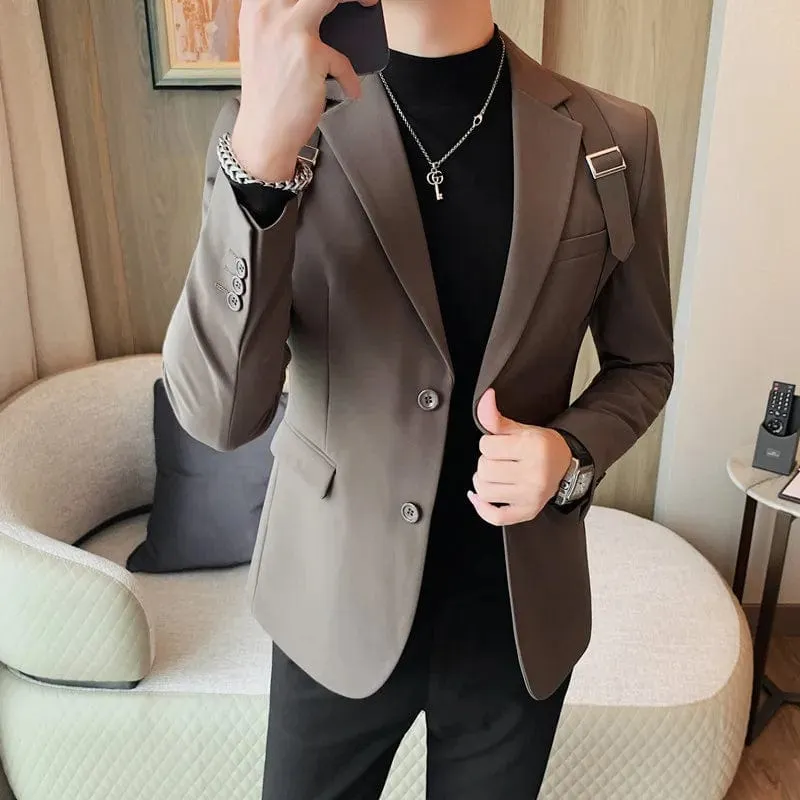 British Design Men's Blazer - Shoulder Strap Detail, Two-Button Slim Fit for Casual Elegance