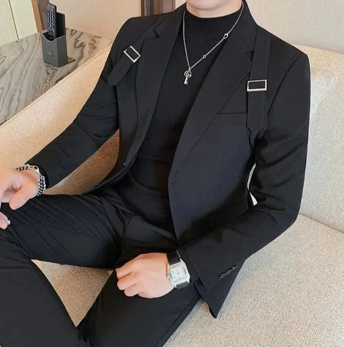 British Design Men's Blazer - Shoulder Strap Detail, Two-Button Slim Fit for Casual Elegance