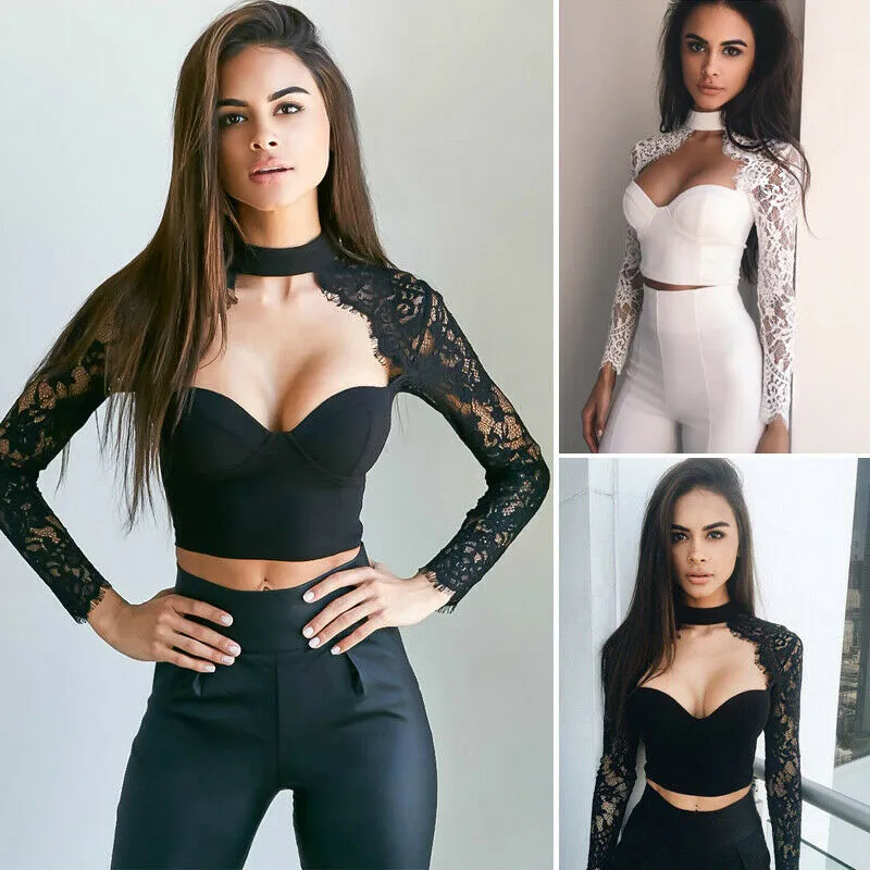 Fashionkova  Women's Sexy Tops See Through Crop Top Lace Floral Slim V Neck Tops Crop Top Solid T-Shirt