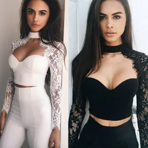 Fashionkova  Women's Sexy Tops See Through Crop Top Lace Floral Slim V Neck Tops Crop Top Solid T-Shirt