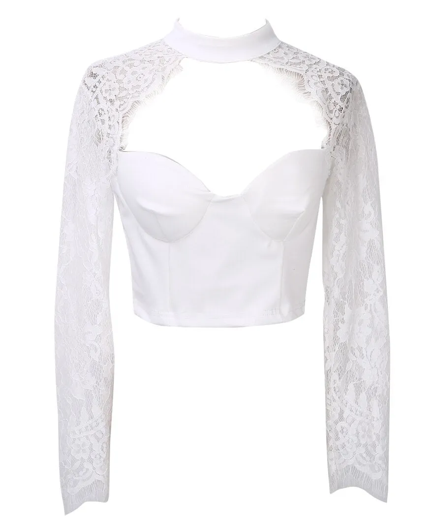 Fashionkova  Women's Sexy Tops See Through Crop Top Lace Floral Slim V Neck Tops Crop Top Solid T-Shirt
