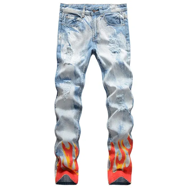 Fire Printed Decoration Ripped Slim Fit Jeans