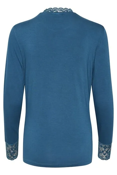 LACE EMBELLISHED  TEAL BLUE LONG SLEEVE TOP