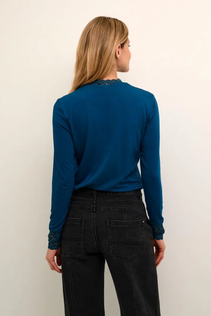LACE EMBELLISHED  TEAL BLUE LONG SLEEVE TOP