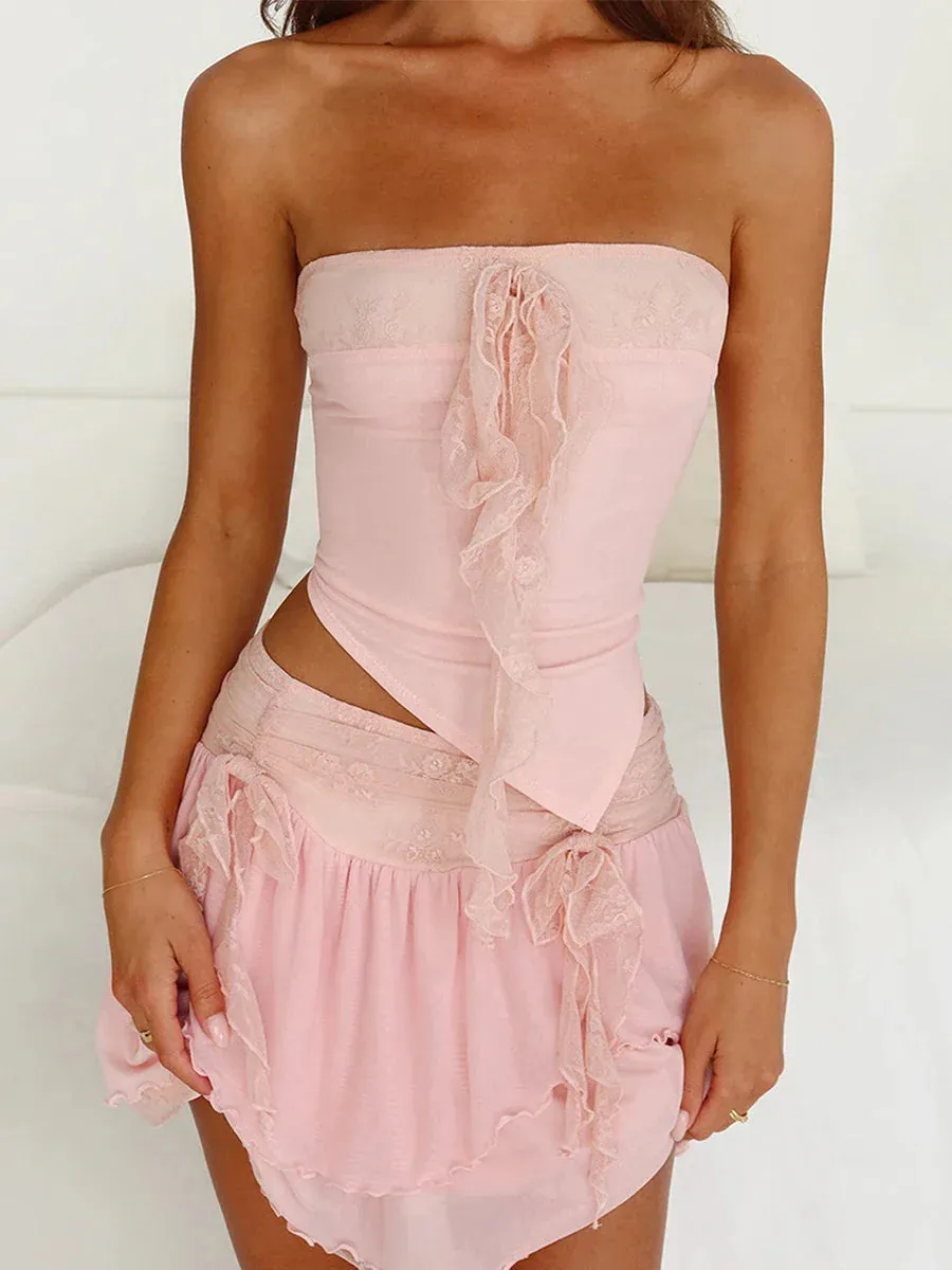 Lace Patchwork Strapless Backless Summer Crop Ir Regular Top