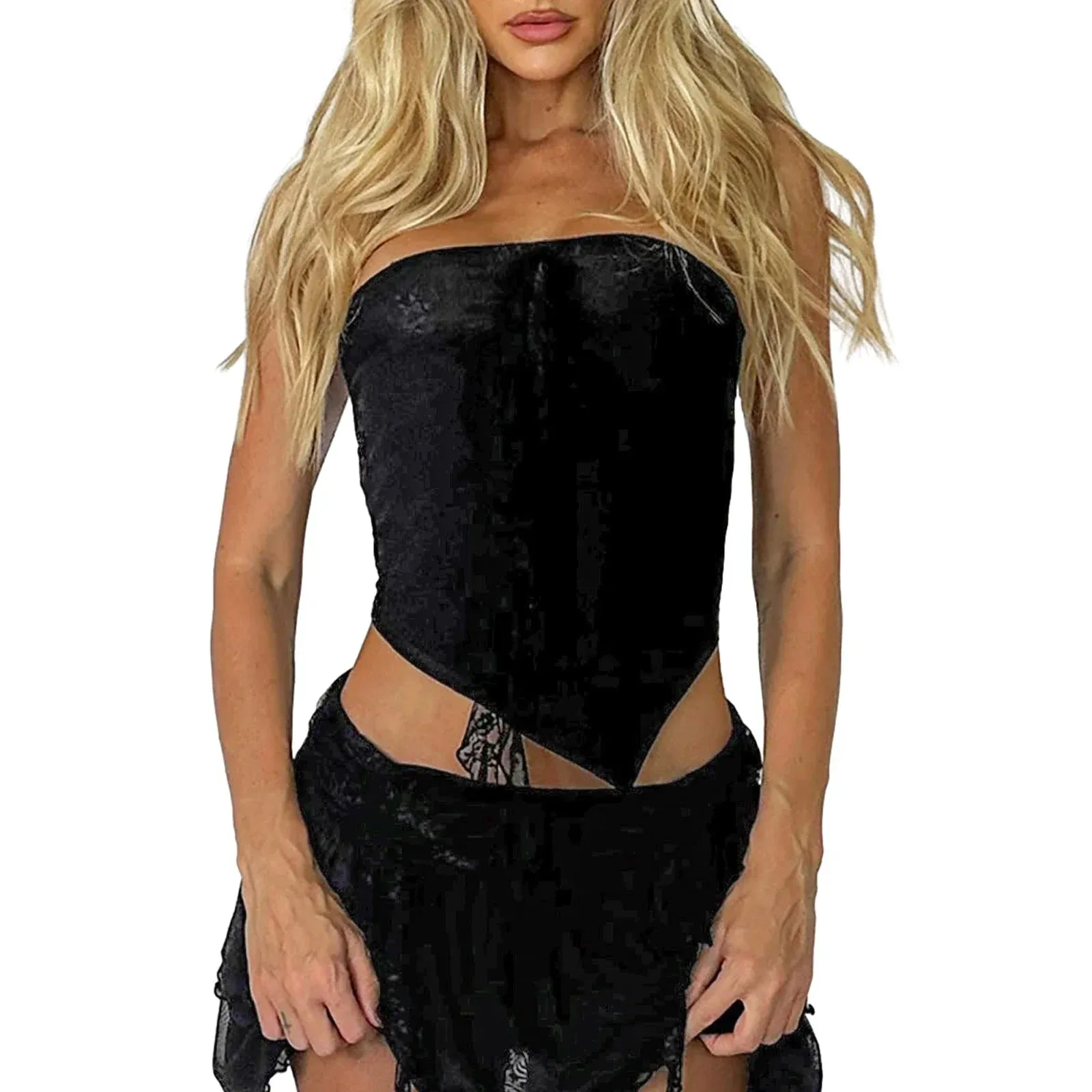 Lace Patchwork Strapless Backless Summer Crop Ir Regular Top