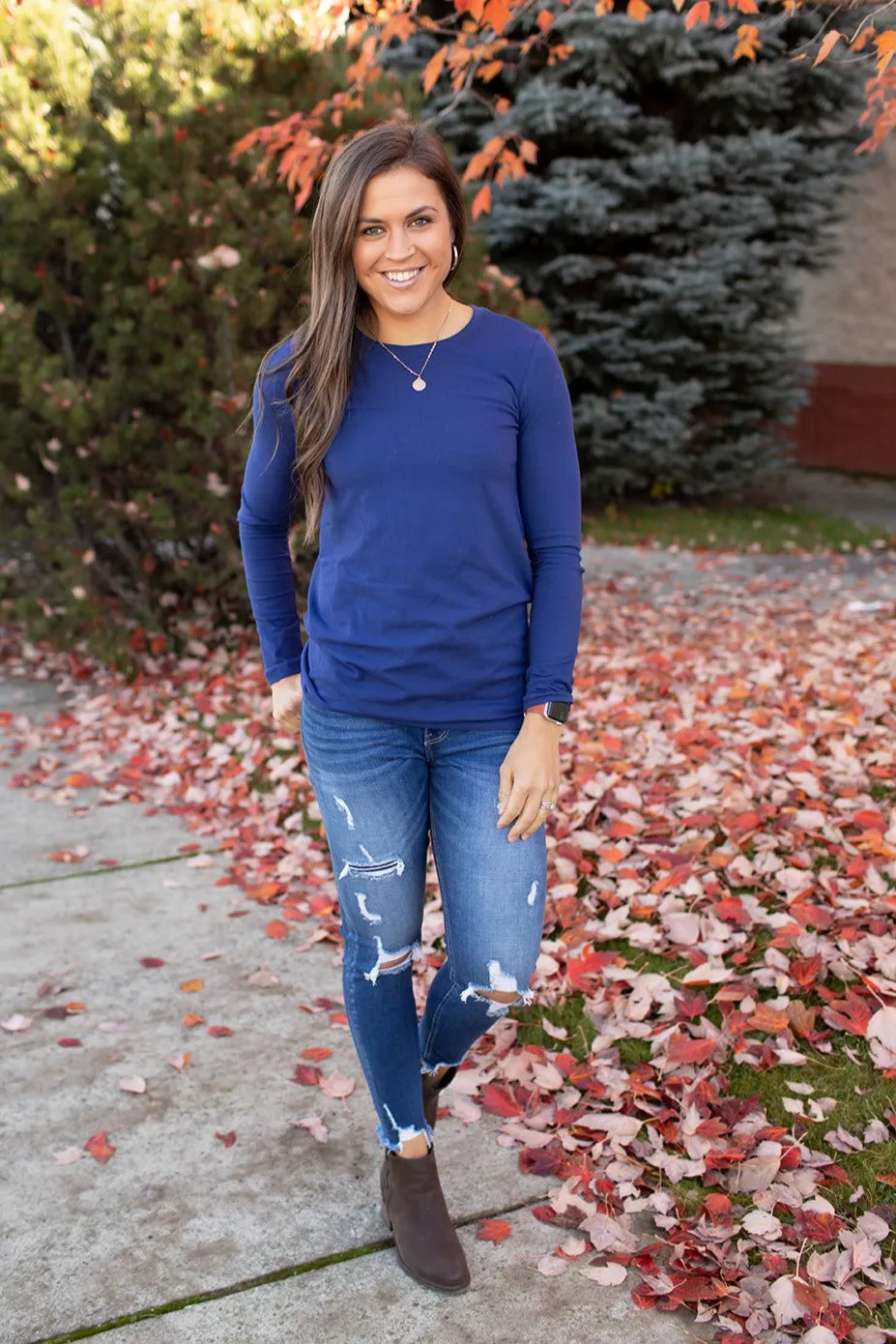 Lt Navy Basic Cotton Long Sleeve Tee (SM-3X)