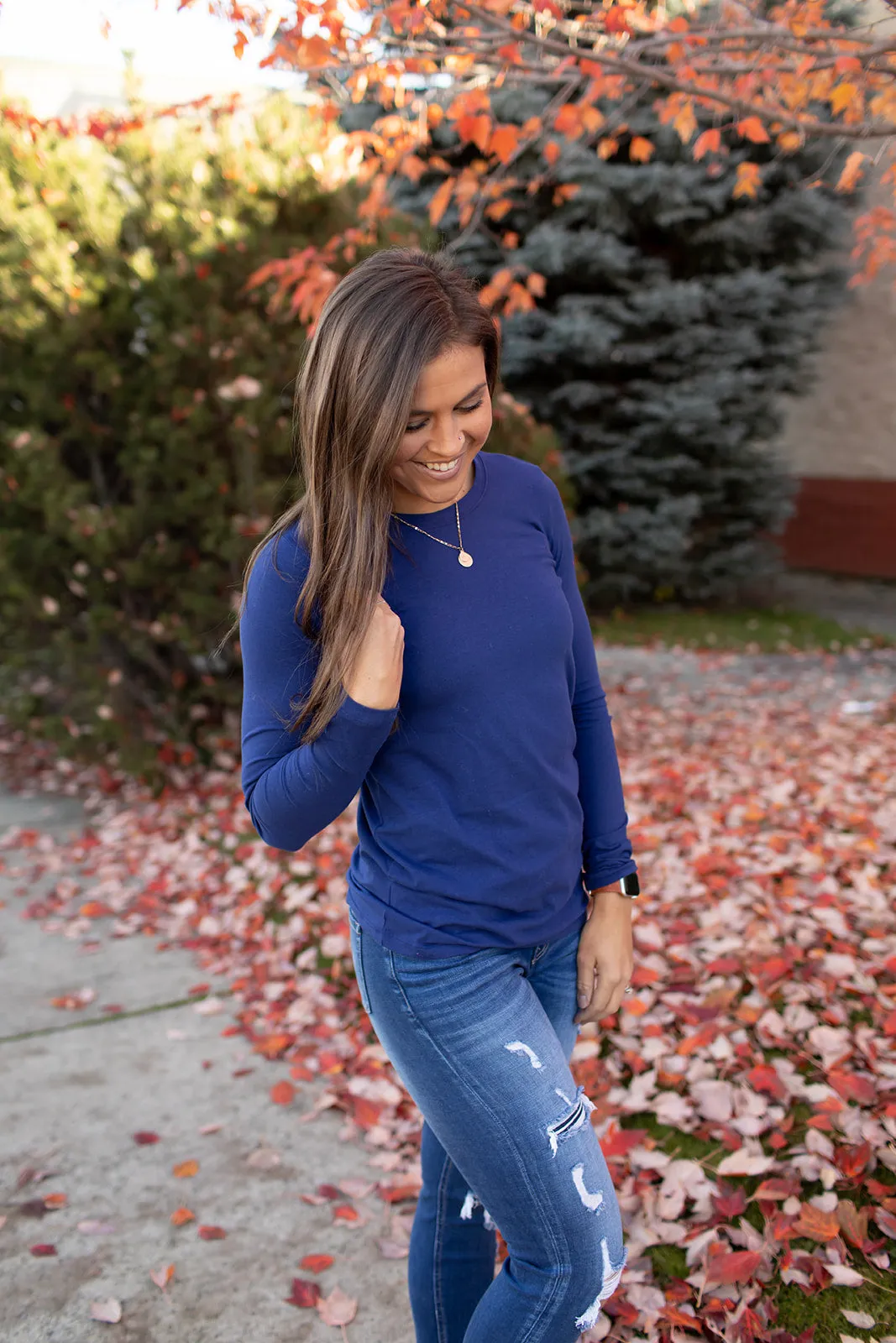 Lt Navy Basic Cotton Long Sleeve Tee (SM-3X)