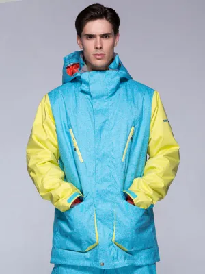 Men's Light Blue Yellow Waterproof Windproof Winter Ski Jacket & Snowboard Jacket