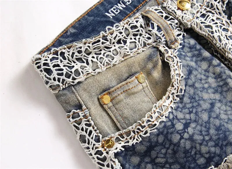 Patchwork Embroidery Slim Fit Jeans