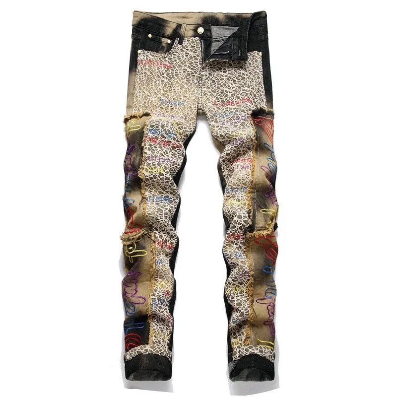 Patchwork Embroidery Slim Fit Jeans