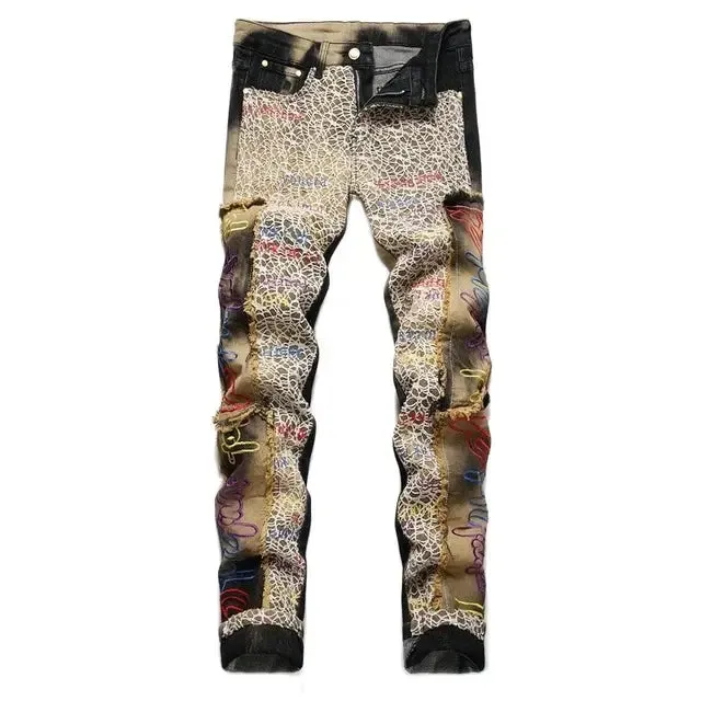 Patchwork Embroidery Slim Fit Jeans