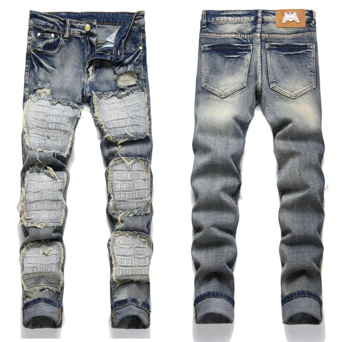 Patchwork Embroidery Slim Fit Jeans