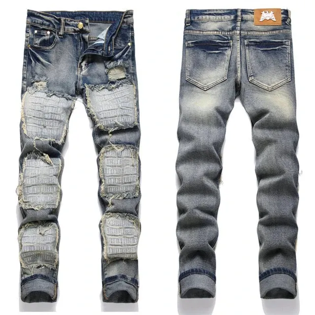 Patchwork Embroidery Slim Fit Jeans