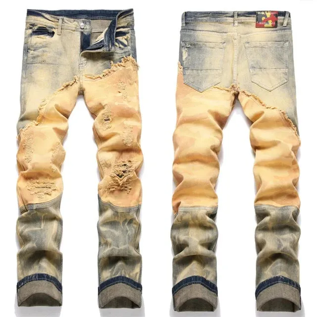 Patchwork Embroidery Slim Fit Jeans