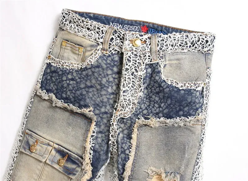Patchwork Embroidery Slim Fit Jeans