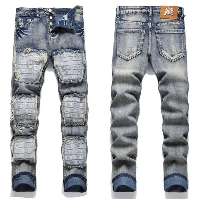 Patchwork Embroidery Slim Fit Jeans