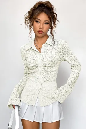White Lace Button Down Textured Slit Long Sleeve Shirt New Women's Fashion