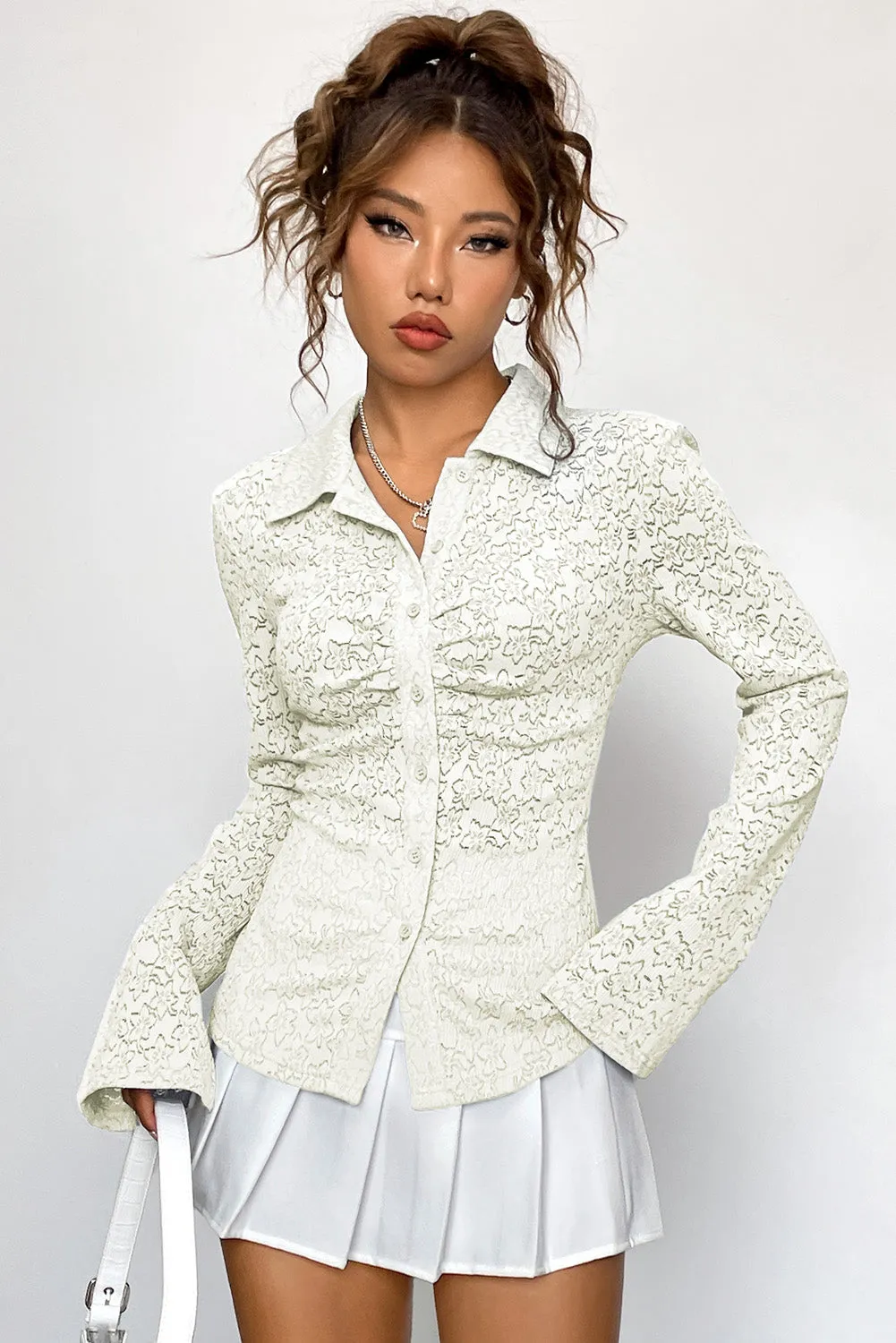 White Lace Button Down Textured Slit Long Sleeve Shirt New Women's Fashion