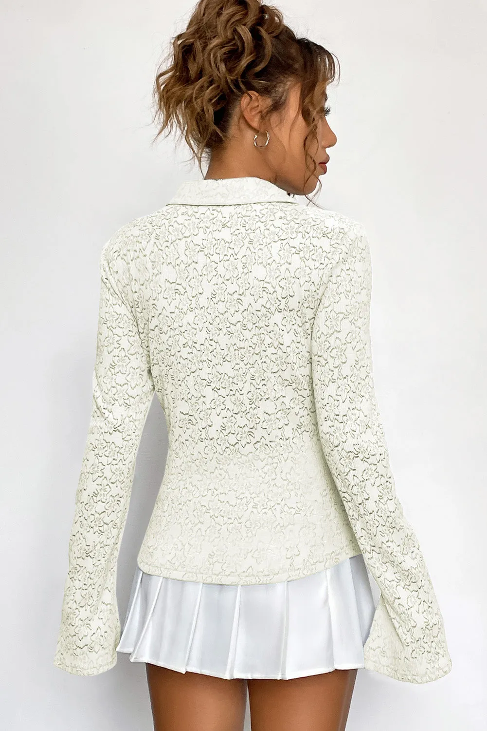 White Lace Button Down Textured Slit Long Sleeve Shirt New Women's Fashion